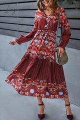 Ingvn - Floral Print Decorative Buttons V-Neck Flounce Sleeve Midi Dress