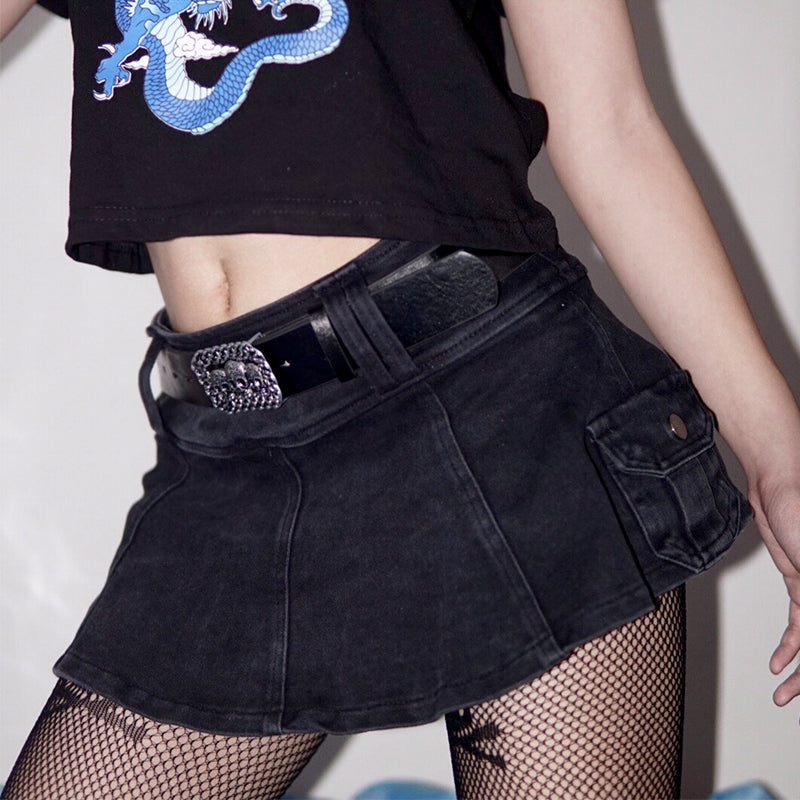 Harajuku Y2k Denim Skirt Women Dark Gothic Streetwear Mini Skirt with Skull Belt Mall Goth Punk Grunge Sexy Emo Clubwear
