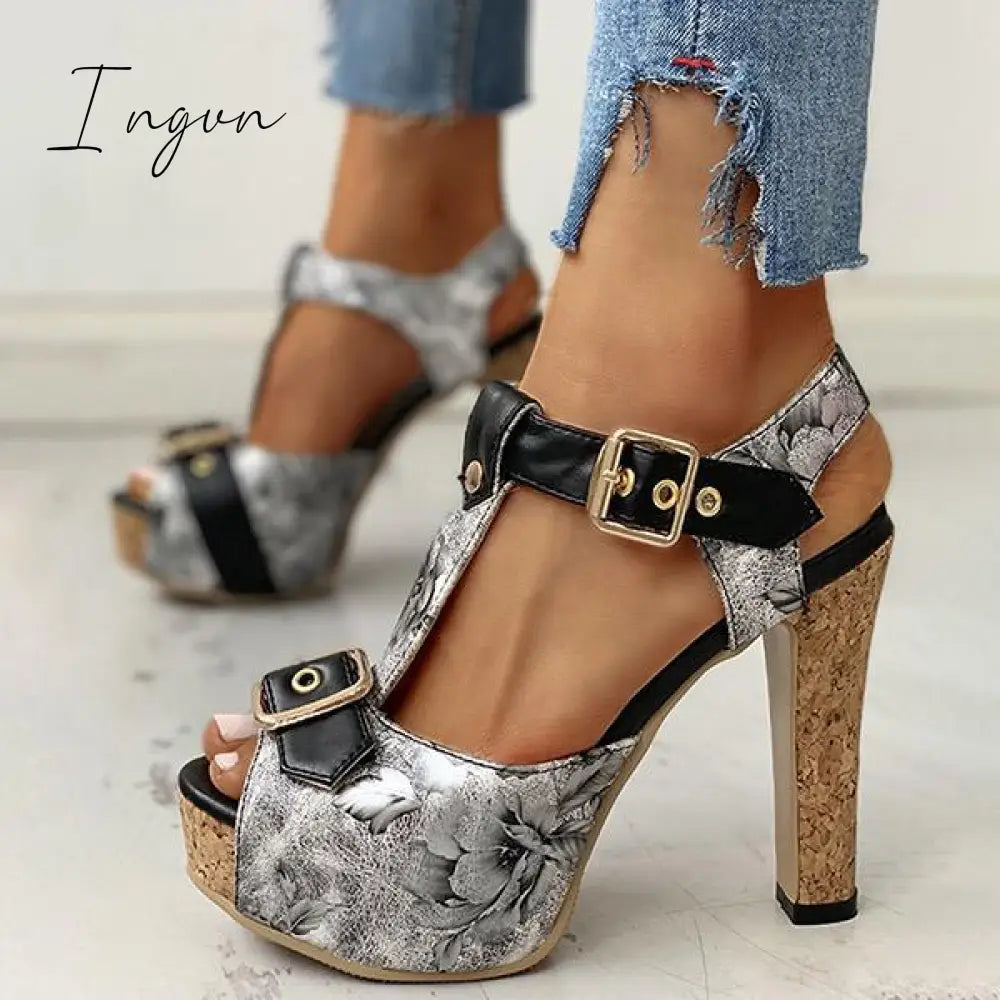 Ingvn - Flower Print Peep Toe Platform Chunky Heels