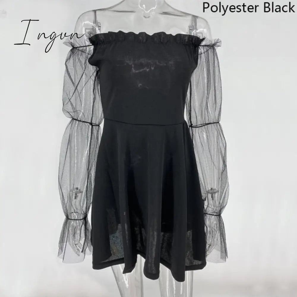 Ingvn - Gothic Sexy Dress Vintage Off Shoulder Lantern Sleeve Mesh Patchwork Velvet Mini Dress Dark Street Black Dress for Female