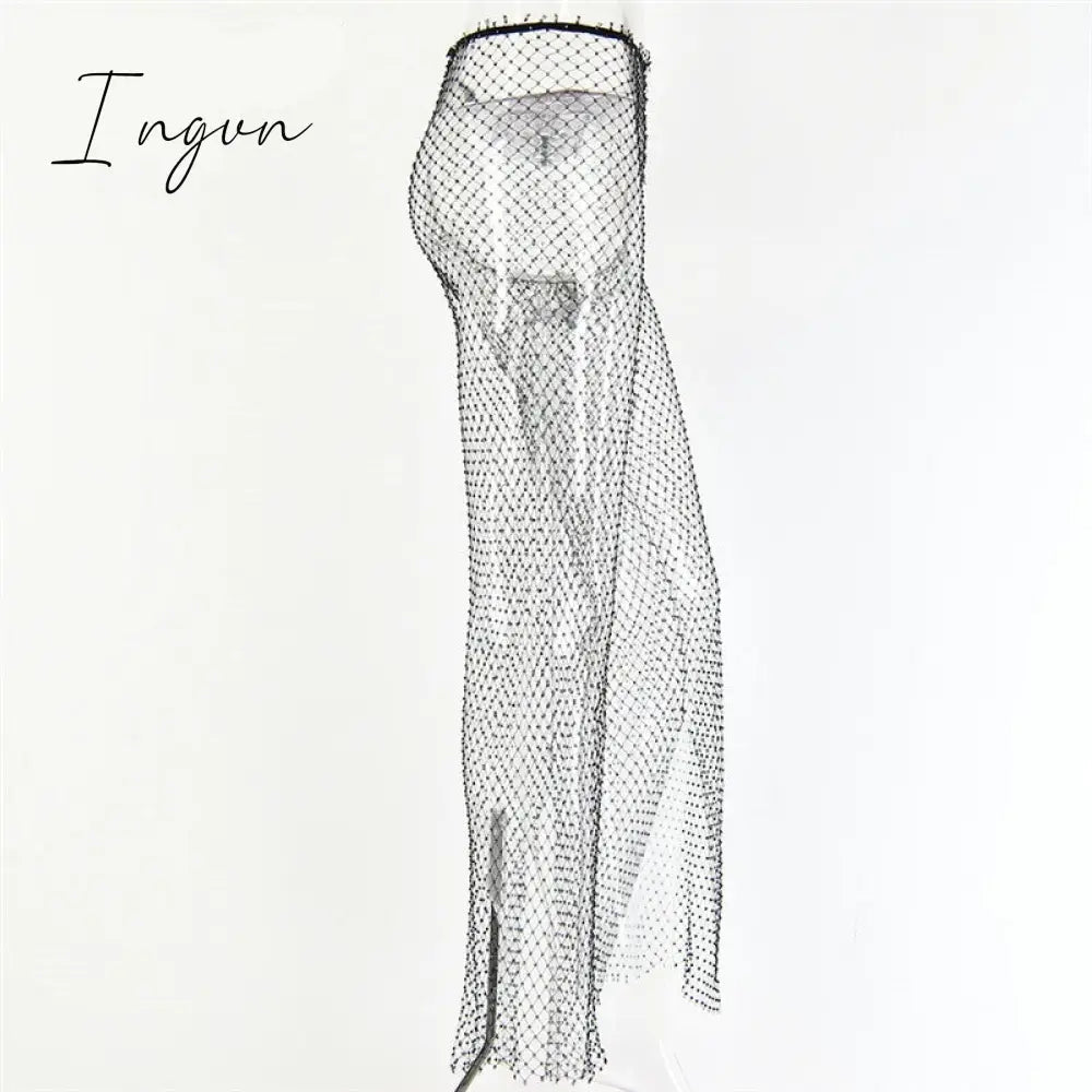 Ingvn - New Crystal Diamond Shiny Women Pants Summer Sexy Hollow Out Elastic Fishnet Trousers Fashion See Through Beachwear