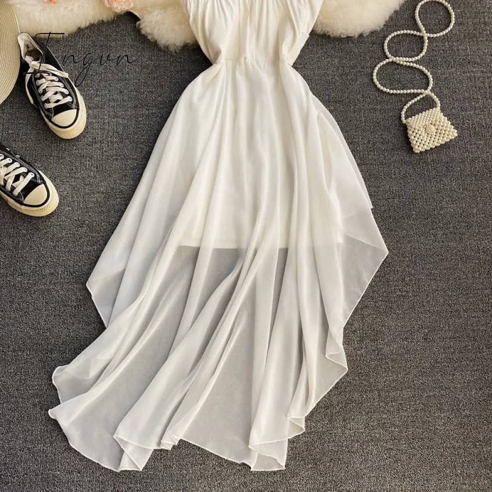 Ingvn - Women Dress Spring Summer French Elegant Sexy Gentle Temperament Female Irregular Tube Top Sling Big Swing Vestido