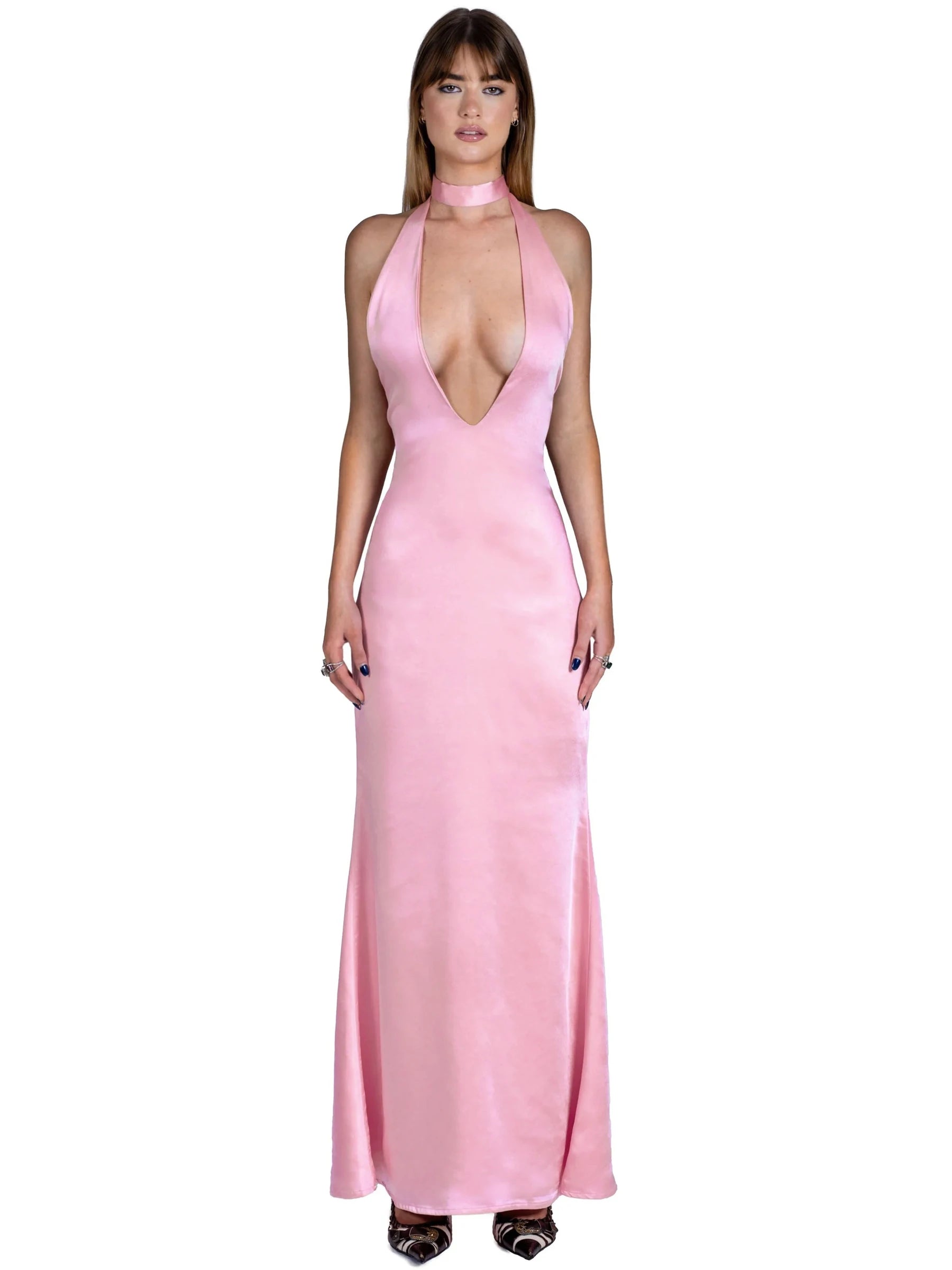 Sexy Sleeveless Satin Open Back Dress For Women Deep V Lace Up Slim Fit Evening Dress Female Elegant Party Club Vestidos