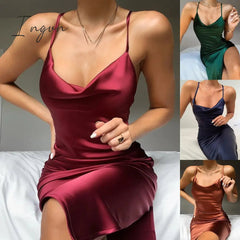 Ingvn - Summer Sleeveless Spaghetti Strap Black Silk Long Dress Sexy Backless Elegant Satin Bodycon Party Dress Woman Split Midi Dresses