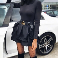 Ingvn - Solid Long Sleeve Mini Bud Dress  Party Dress  Black Dress Women Dress