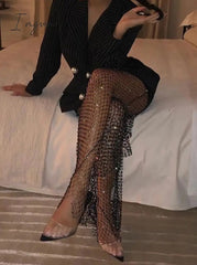 Ingvn - New Crystal Diamond Shiny Women Pants Summer Sexy Hollow Out Elastic Fishnet Trousers Fashion See Through Beachwear