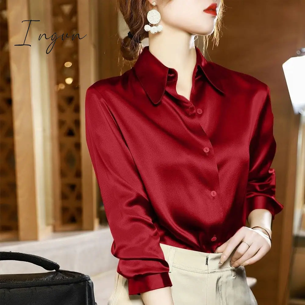 Ingvn - Brand Quality Luxury Women Shirt Elegant Office Button Up Long Sleeve Shirts Momi Silk Crepe Satin Blouses for Women Fashion Business Ladies Top