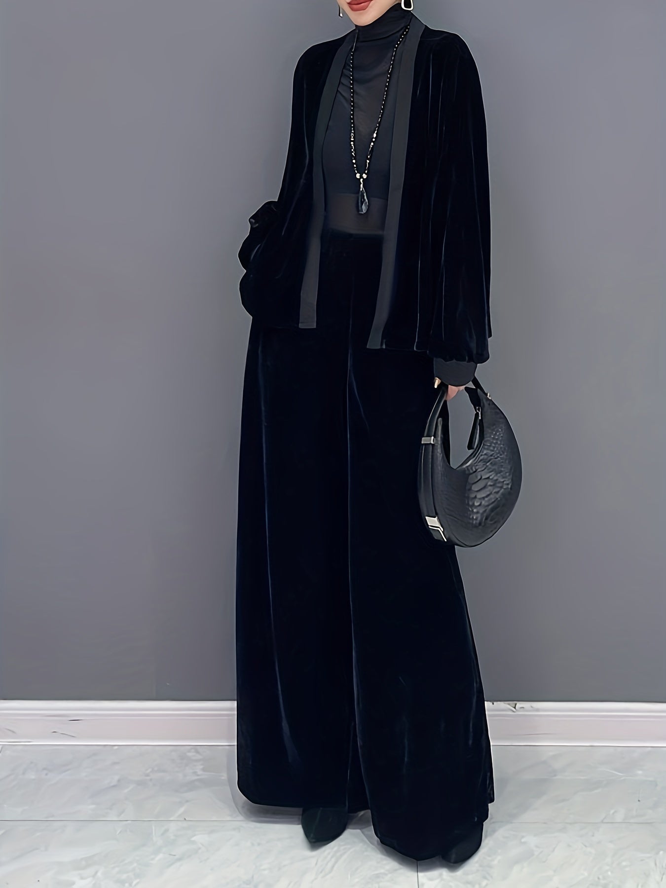 2 Pcs Velvet Solid Color Long Sleeve Open Front Top & Wide Leg Pants Outfit, Women's Clothing