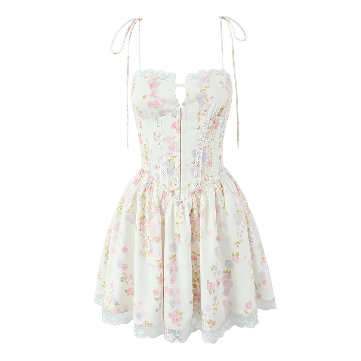 Sexy Elegant Women Lace Patchwork Floral Print Sling Mini Dress Low Waist A-line Summer Holiday Party Dresses Pretty Robe