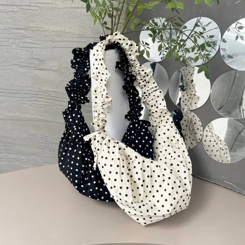 Ingvn  Women Chic Underarm Bag Large Capacity Polka Dot Retro Crossbody Bag All Matched Pleated Dumpling Bag for Outdoor Travel