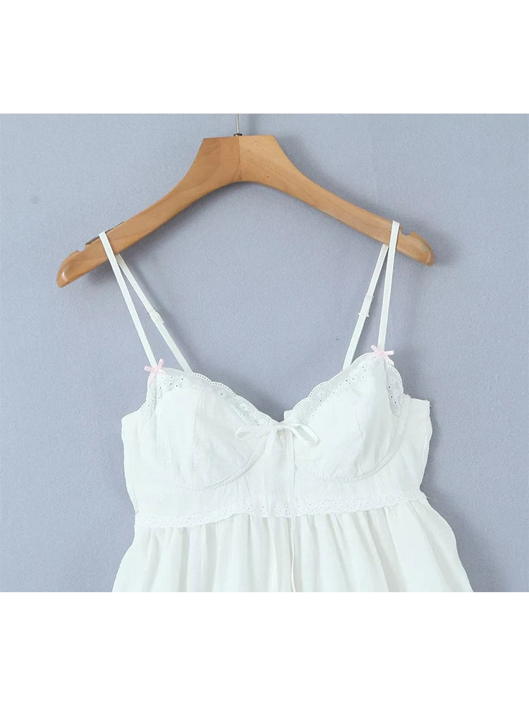 Summer Women Embroidery Spliced Bow White Sling Dress Sexy Sleeveless Back Lacing Up Ladies Holiday Party Mini Robe
