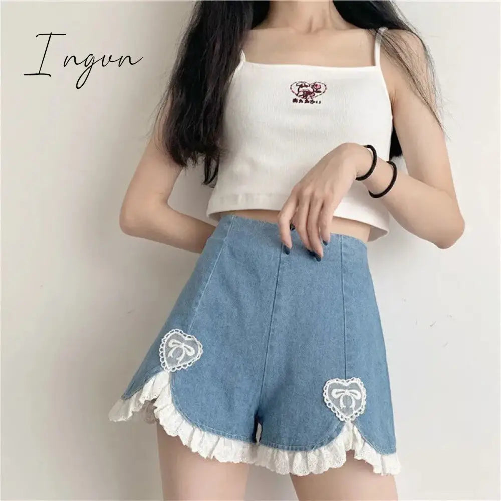 Ingvn - Summer Outfits Trends Cute Lolita Girls Denim Shorts Japanese Sweet High Waist Lace Irregular Women's Shorts S-4XL Summer Kawaii Sexy Blue Shorts