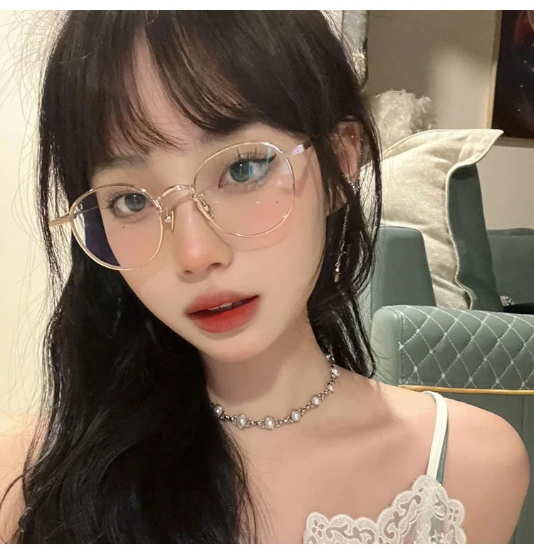 INGVN  Korean Retro Alloy Glasses Frame Girl Ins No Makeup Plain Glasses Men Light Eyewear Cute Decorative Computer Glasses
