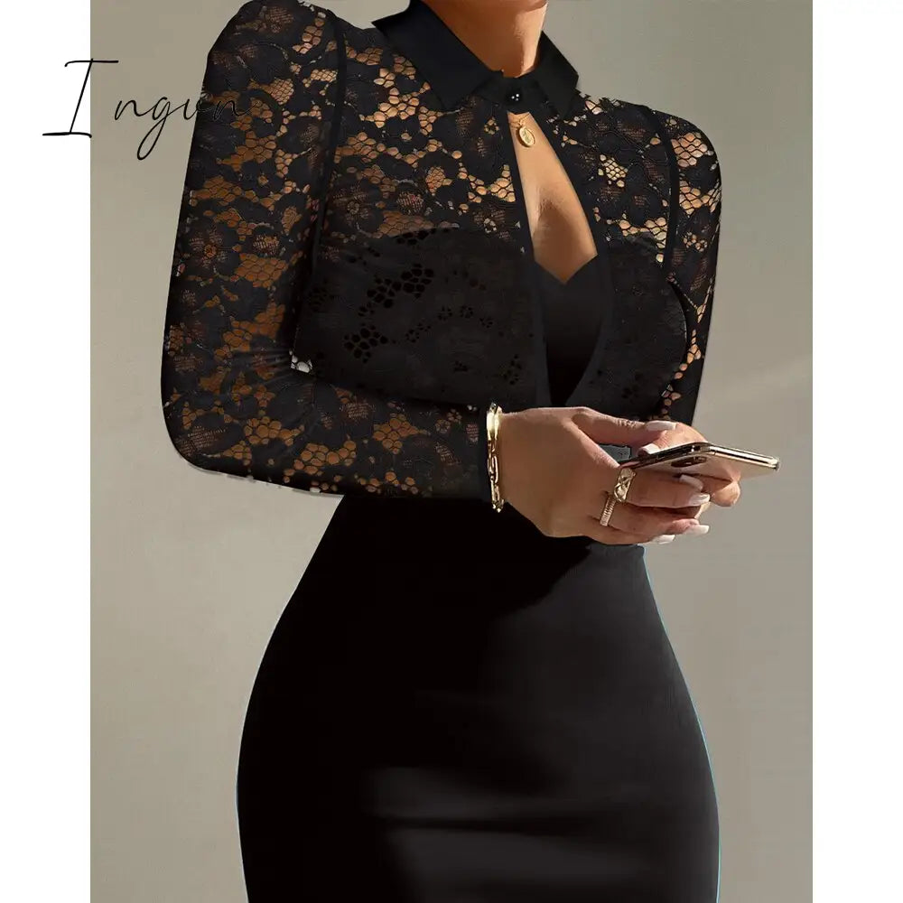 Ingvn - Women Summer Contrast Lace Long Sleeve Cutout Bodycon Dress Autumn Solid Black Long Sleeve Sexy Party Club Dress