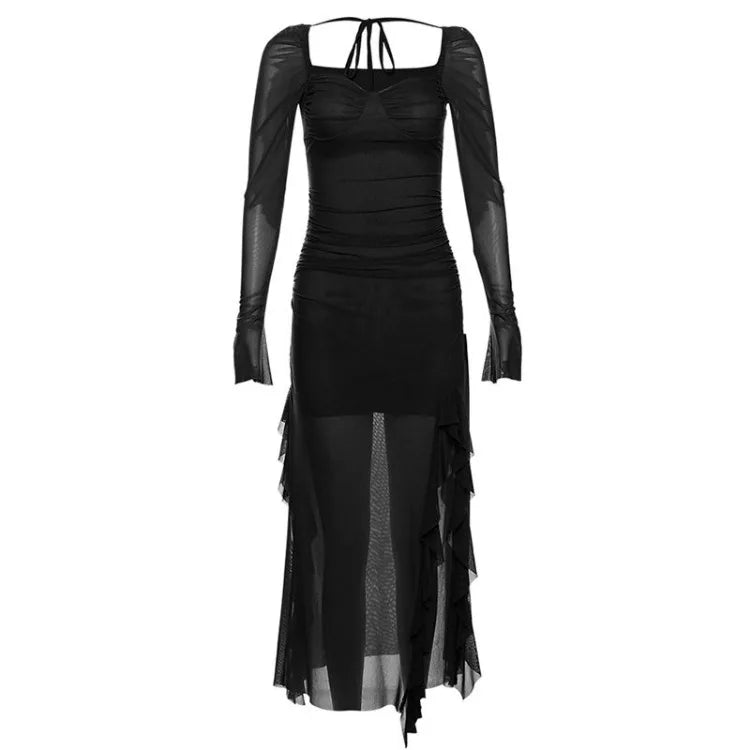 Fashion Sexy Mesh Long Sleeved Dress for Women Y2k Grunge Slim Fit Split Dresses Summer New Mid-length Vestidos Mujer