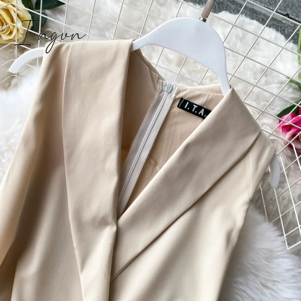 Ingvn - Vintage Notched Collar Draped Rompers For Women Casual Sleeveless High Waist Wide Leg Playsuits Female Beige/Green Jumpsuit