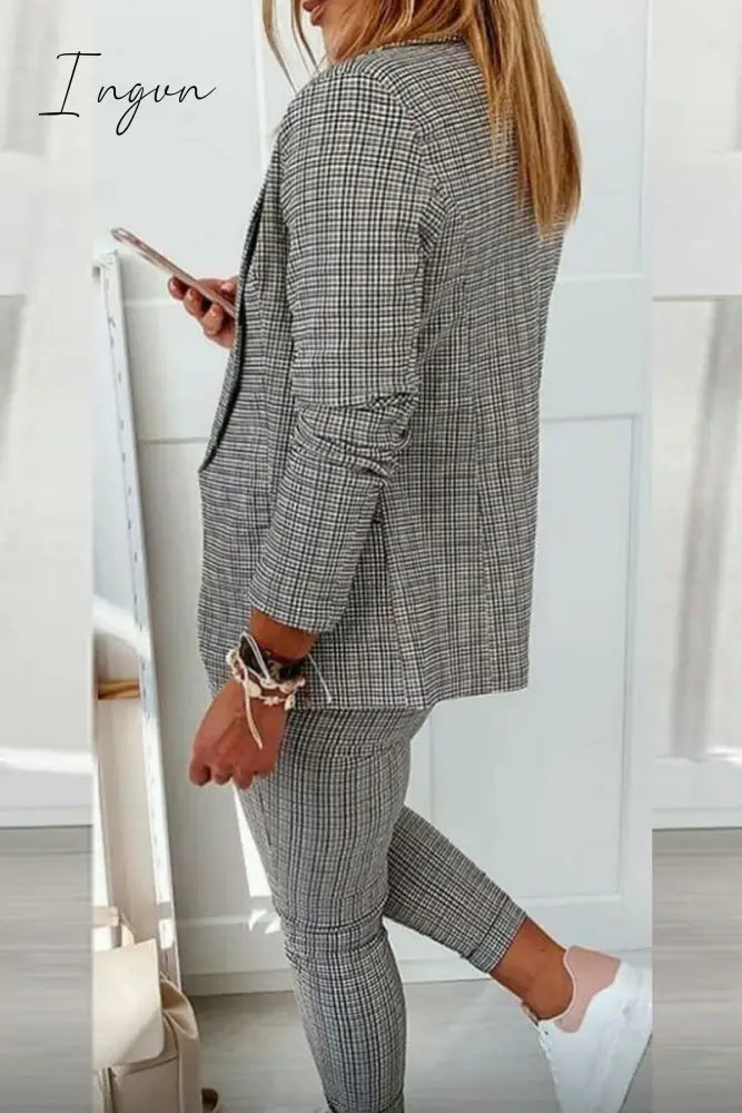 Ingvn - Casual Street Plaid Split Joint Turndown Collar Long Sleeve Two Pieces(4 Colors)