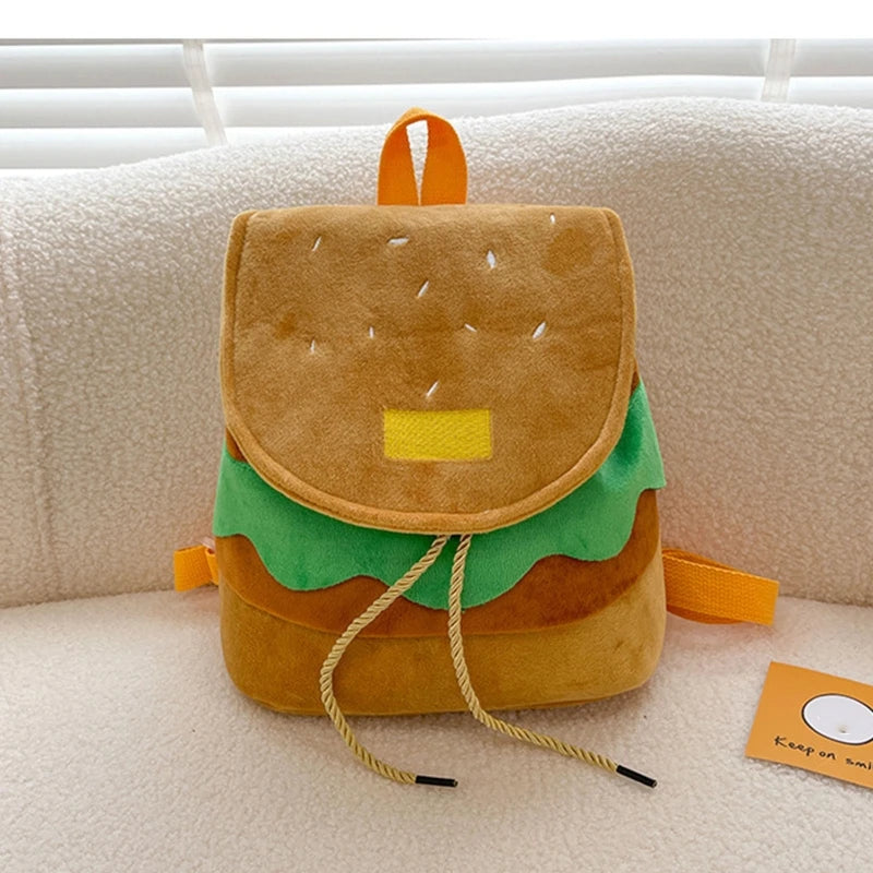 INGVN  Large Capacity Plush Backpacks Lovely Cartoon Hamburger Backpack Drawstring School Bag Travel Backpack for Students