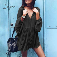Ingvn - Loose Dress Autumn Women Long Sleeve Solid V Neck Party Dress Casual Loose Ruffled Pleated Party Vestido Robe