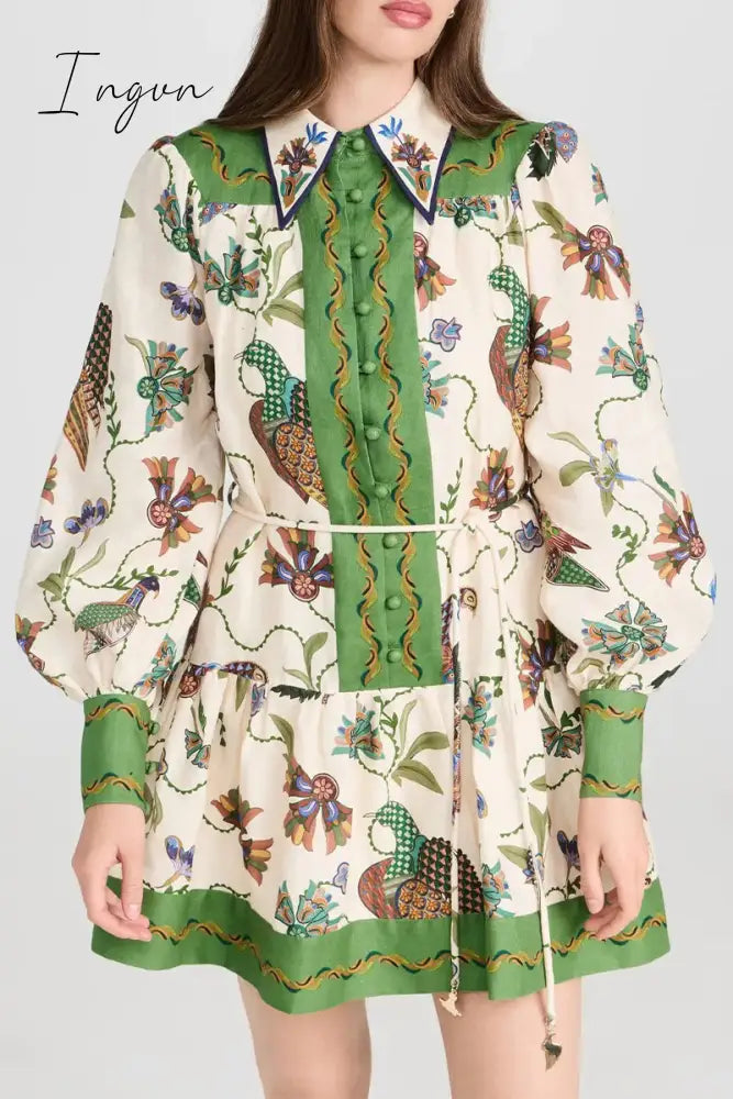Ingvn - Casual Floral Patchwork Turndown Collar Printed Dress Dresses