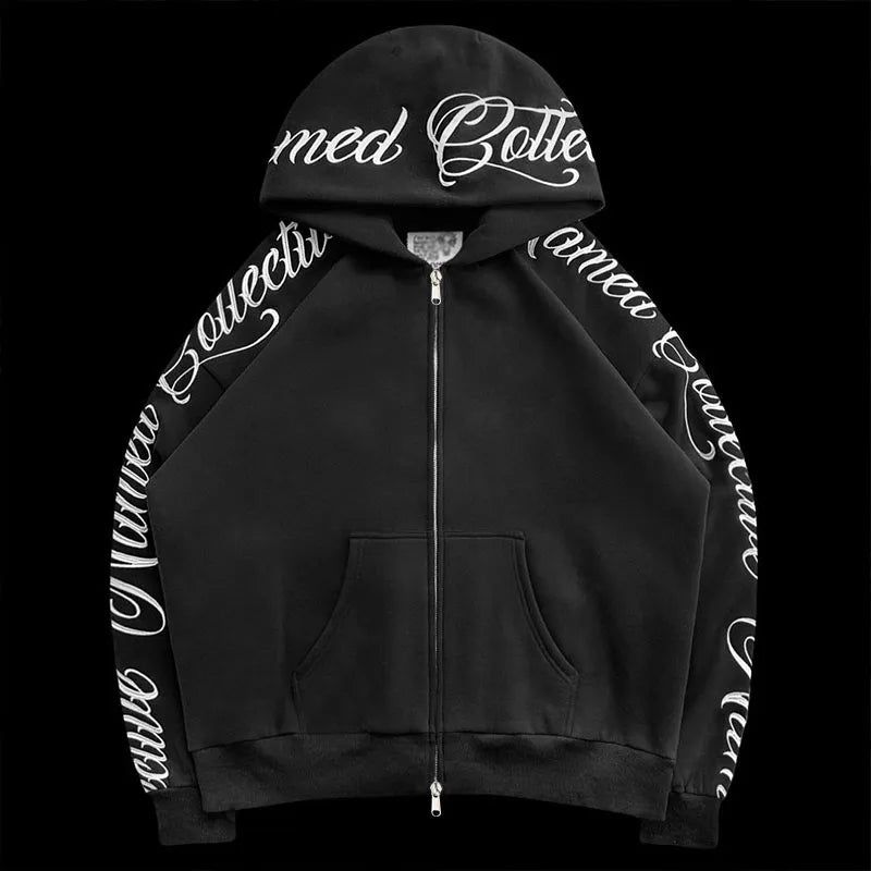 American Winter Sweatshirt Y2k Gothic Hip Hop Couple Hoodies Print Harajuku Zip Up Oversized Women Punk Grunge Black Jacket