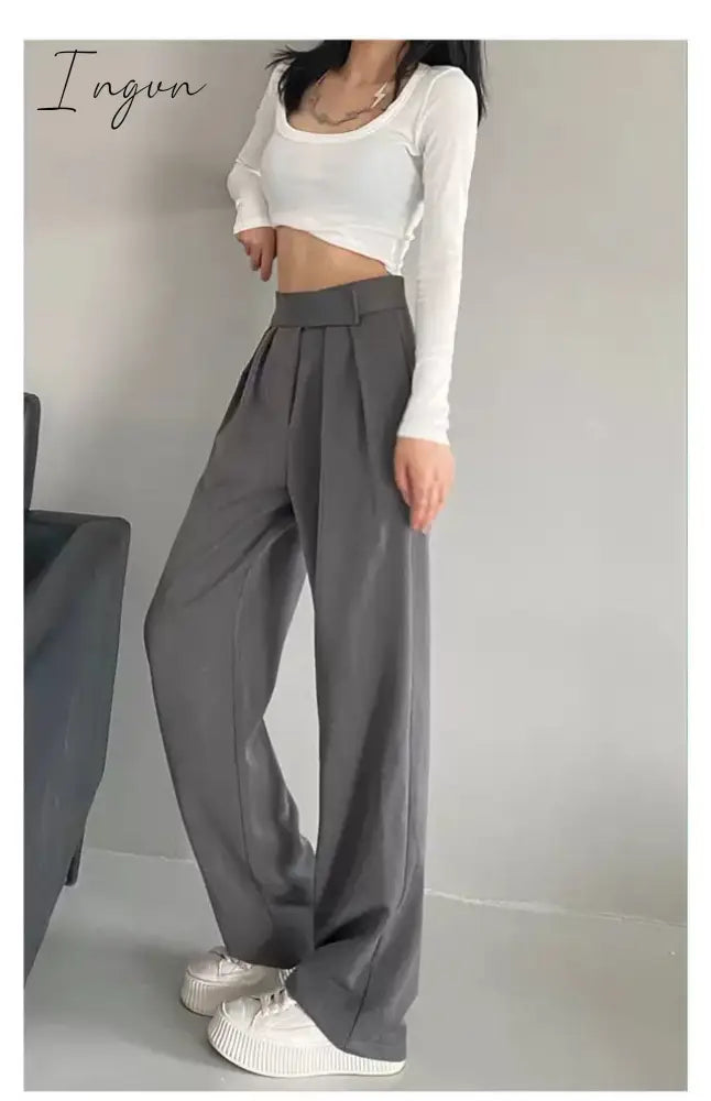 Ingvn - Brown Wide Leg Women's Classic Suit Pants Vintage Palazzo Office Elegant Casual Balck Trousers Female High Wasit Pants
