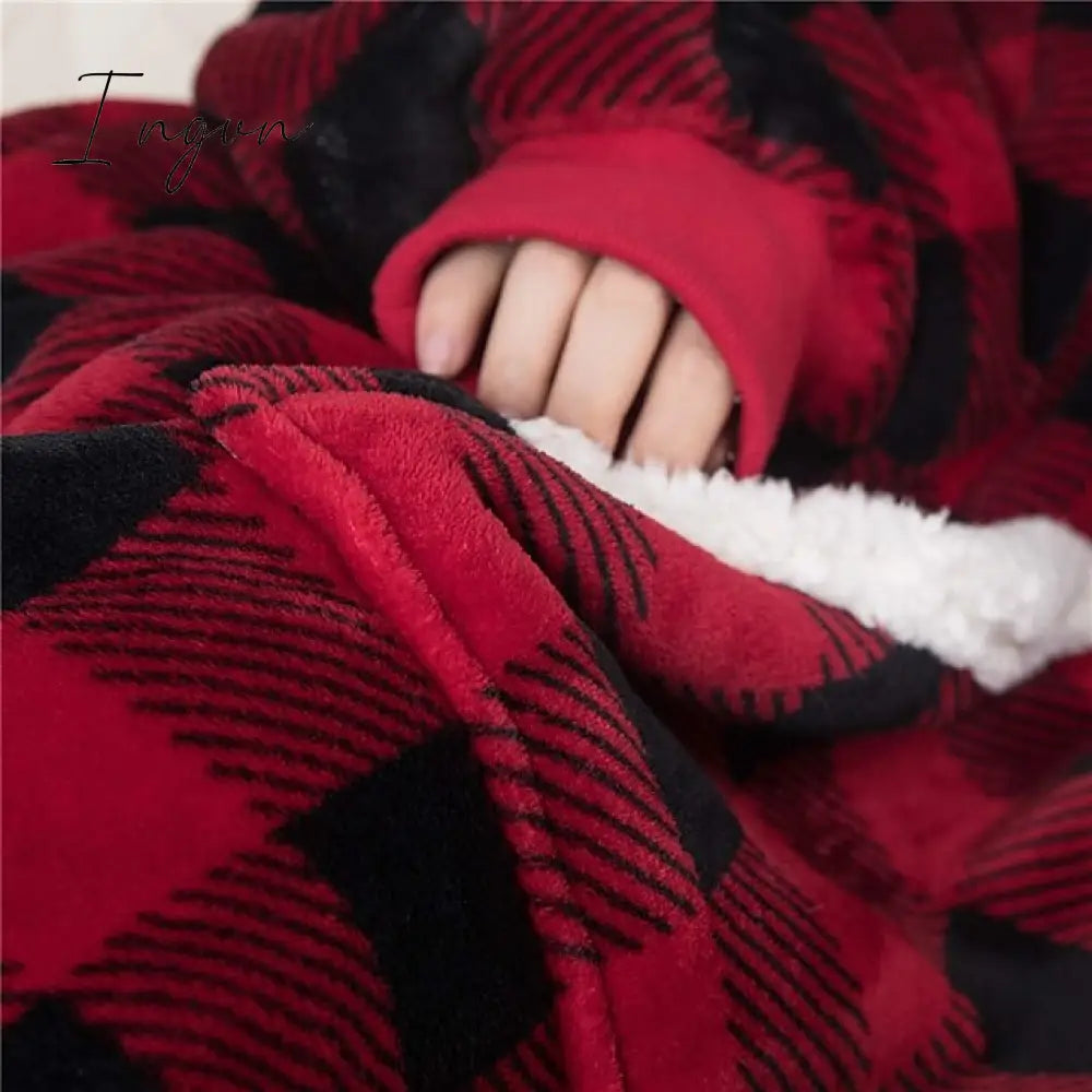 Ingvn - Women‘s Couple‘s Pajamas Nightgown Hoodie Blanket Wearable Blanket Christmas Grid / Plaid Pure Color Plush Simple Comfort Home Party Fleece Warm Gift Patchwork Pocket Fall Winter Black Gray