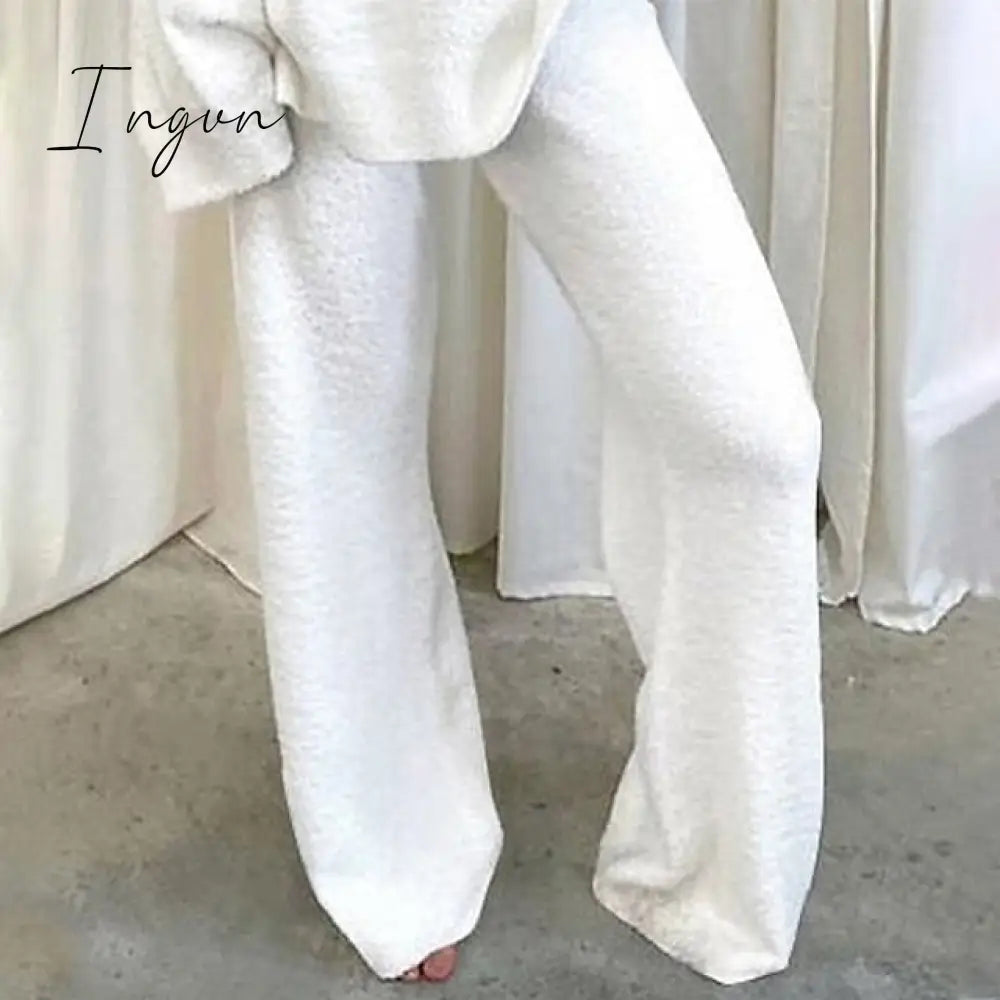 Ingvn - Women's  Lounge Sets 2 Pieces Solid Color Fleece Pajama V Neck Long Sleeve for Fall Winter White S 3XL