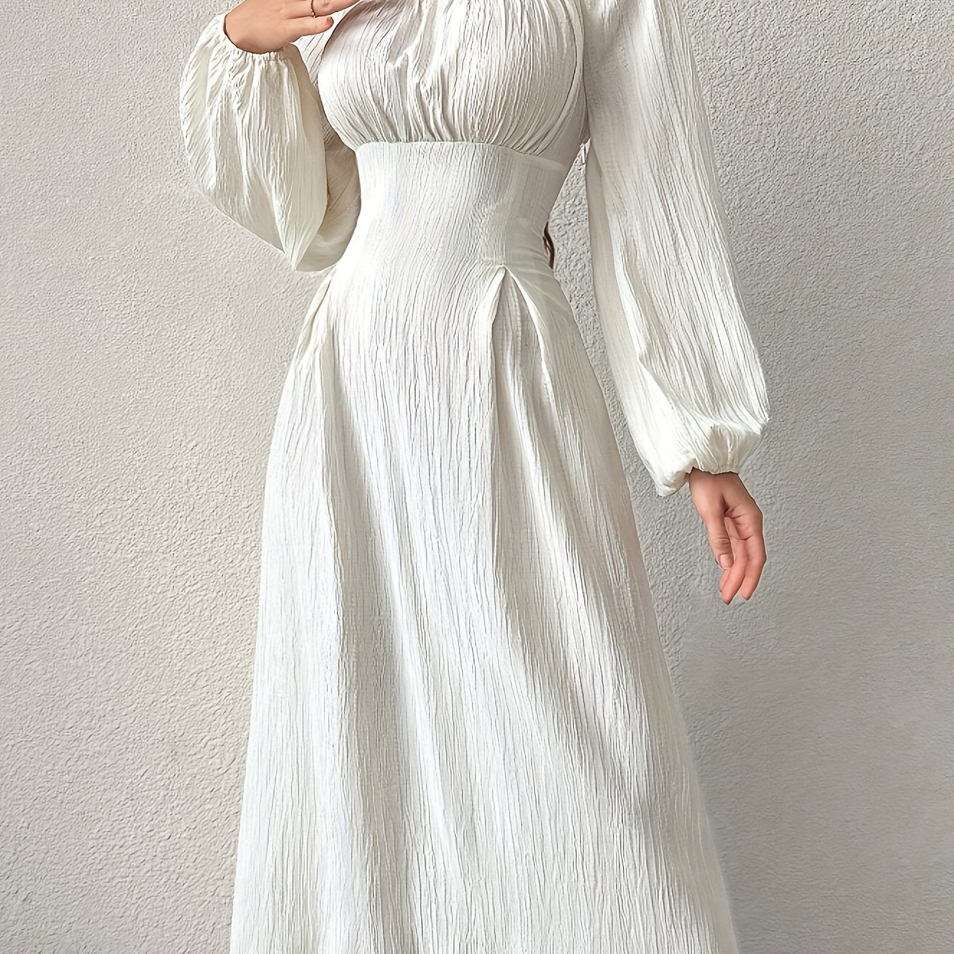 Stunning Textured Cross Tie Lantern Sleeve Midi Dress - Elegant Square Neck, Drawstring Waist, Semi-Sheer, Solid Color, Polyester, Machine Washable, Customized Fitted Design for Women - Perfect for Spring and Fall Seasons