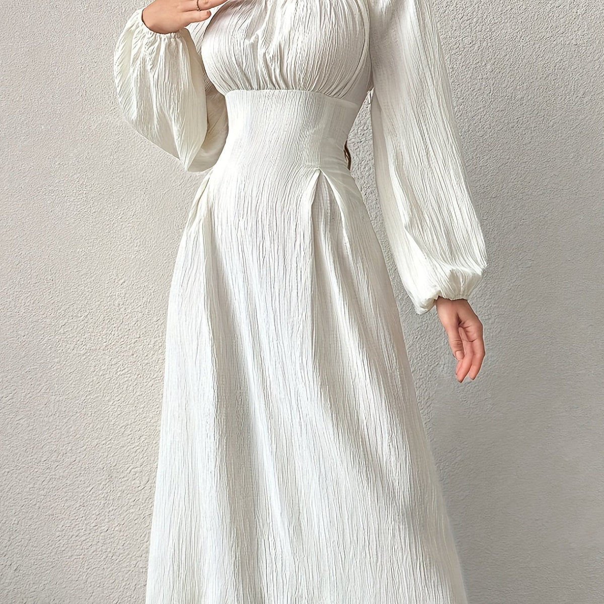 Stunning Textured Cross Tie Lantern Sleeve Midi Dress - Elegant Square Neck, Drawstring Waist, Semi-Sheer, Solid Color, Polyester, Machine Washable, Customized Fitted Design for Women - Perfect for Spring and Fall Seasons