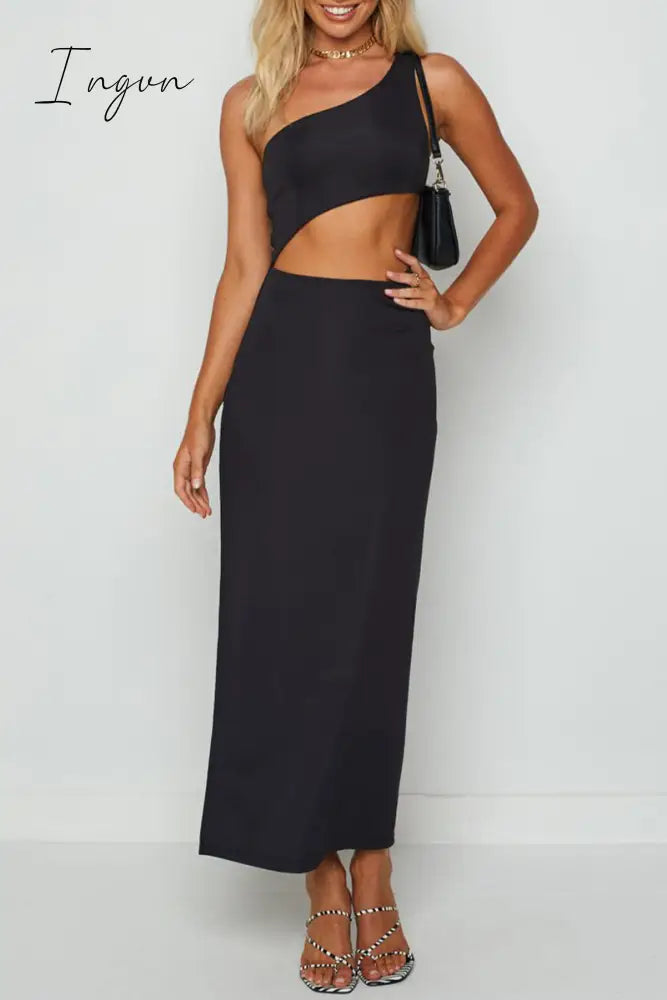 Sexy Solid Hollowed Out Slit Oblique Collar Irregular Dresses