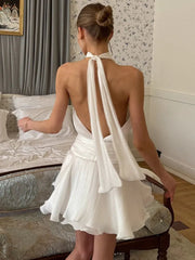 Chiffon Flower Backless Sexy Mini Dress Women White Halter Sleeveless A-line Ruffle Club Party Dress Elegant Fashion