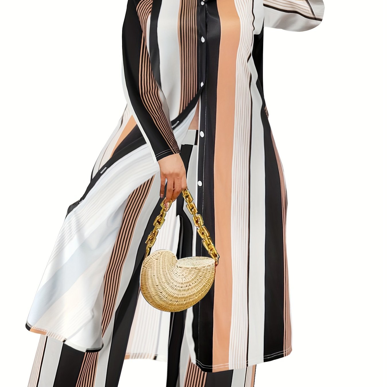 Plus Size Fashionable Outfits Set, Women's Plus Striped Button Up Long Sleeve Shirt Dress & Wide Leg Pants Outfits Two Piece Set