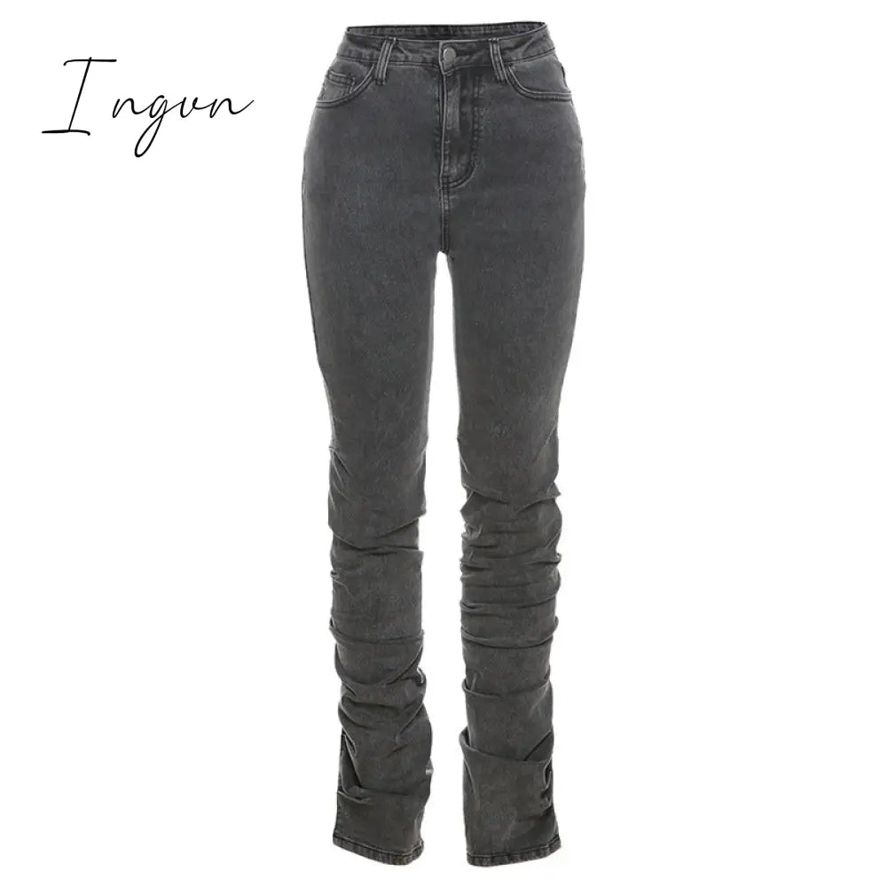 Ingvn - Grey Split Denim Stacked Pants Zip Up Baddie Style Streetwear Pencil Jeans For Women High Waist Bodycon Ruched Trousers
