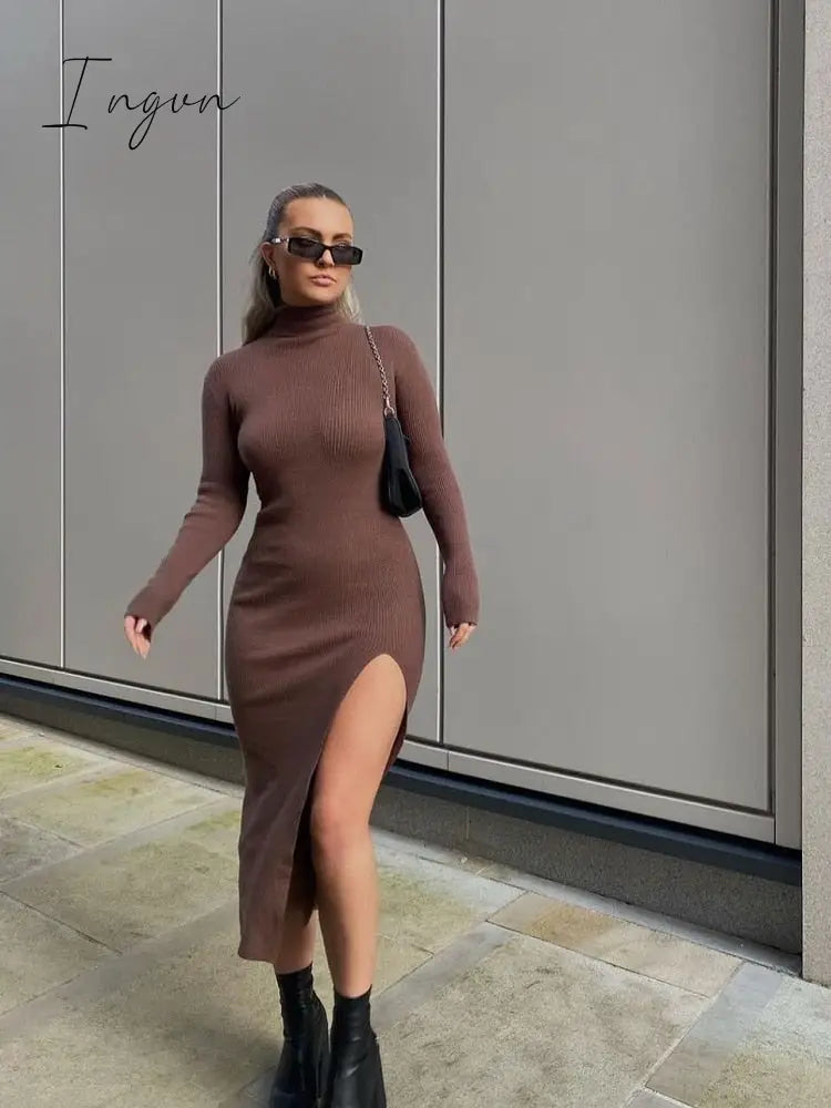 Ingvn - Vintage Elegant Brown Sheath Rib Dress Women Fashion Side Open Half Turtleneck Long Dresses Female Chic Vestidos