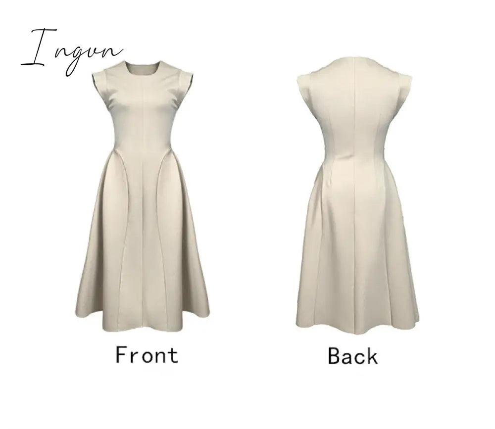 Ingvn - Sleeveless Summer Party Dress Women O-Neck High Waist Long Midi Dress Elegant A-Line Cotton Office Lady Hepburn Korean