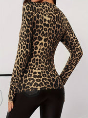 Elegant Leopard Print Mock Neck T-Shirt for Women - Slim Fit, Stretchy Polyester Blend, Machine Washable