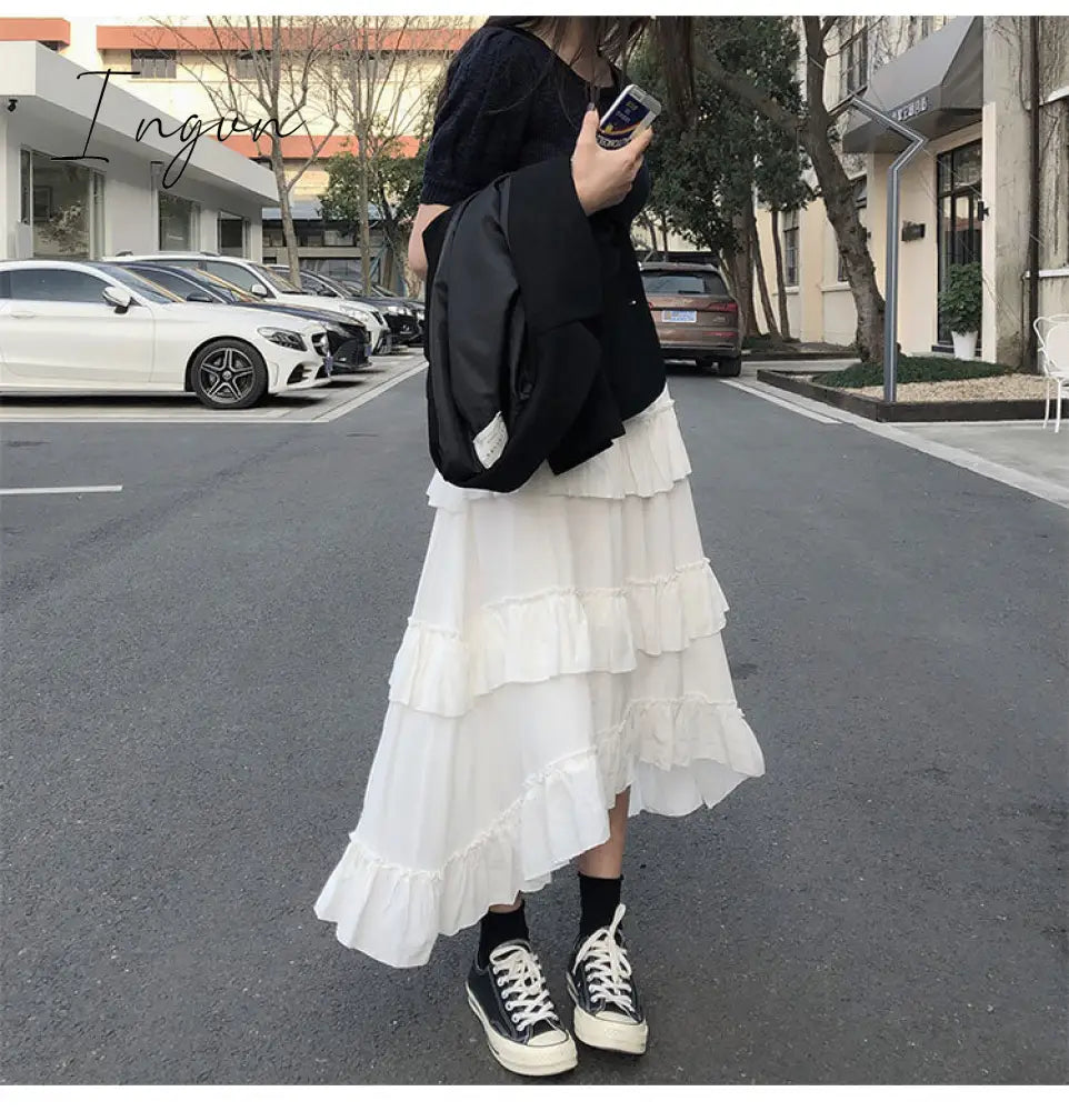 Ingvn - Midi Long Skirts Womens Maxi Skirt Goth Lolita Summer High Waisted Asymmetrical High Low Ruched Ruffle Skirts rok