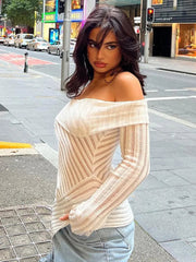Ingvn  Fall Woman Clothing Slash Neck White T-shirts Fashion Off Shoulder Irregular Tee Shirt Streetwear Female See-through Tops