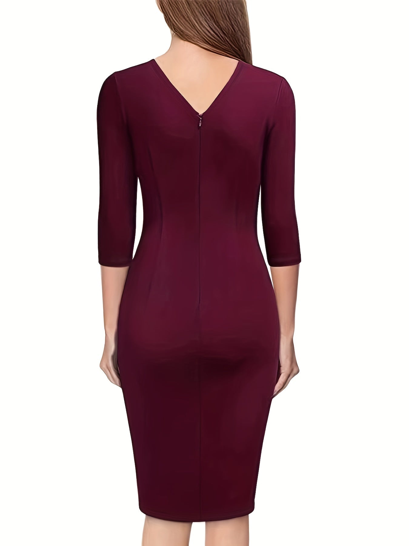 Chic V-Neck Bodycon Dress - 3/4 Sleeve Elegant Pencil Fit for Office Wear, Women's Fashion