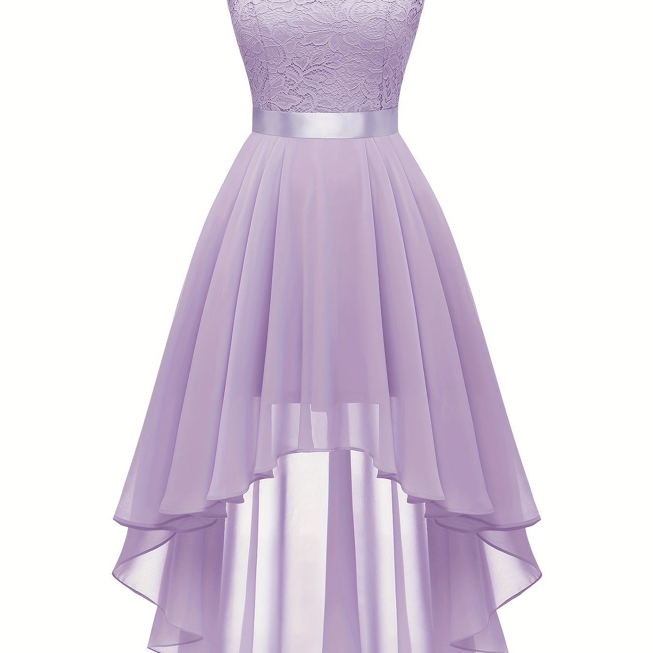 Contrast Lace Asymmetric Hem Wedding Dress, Elegant Solid Bow Waist Tank Dress For Party & Banquet, Homecoming Dress, Women's Clothing