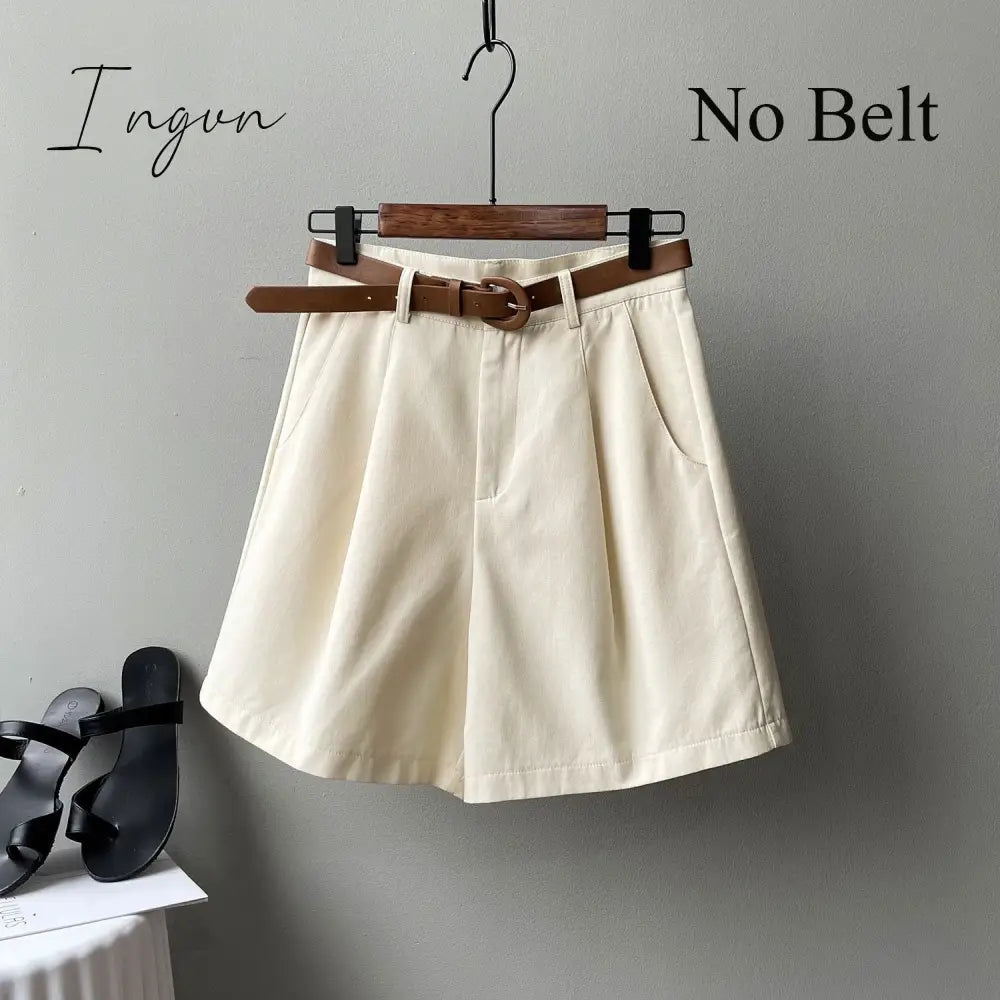 Ingvn - Summer Wide Leg Shorts Women Office High Waist Suit Shorts Beige Oversize Loose Button Solid Classic Casual Shorts With Belt New