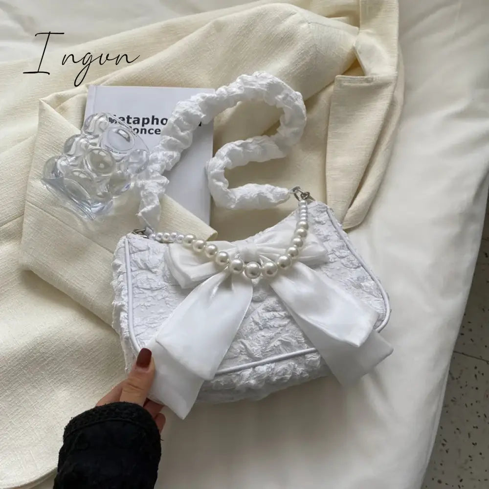 Ingvn - Pearl Female Bag Retro Luxury Designer Handbag Bow Crossbody Bags Fashion Canvas Women's 2024 Trend Shoulder bag Purses