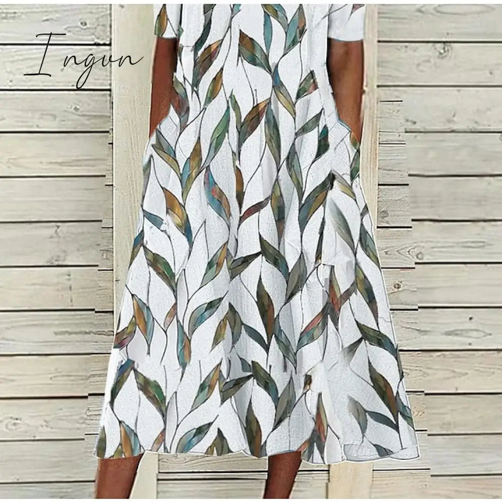 Ingvn - Women's Casual Dress Shift Dress Midi Dress White Blue Half Sleeve Leaf Print Summer Spring V Neck Classic Vacation 2023 S M L XL XXL 3XL