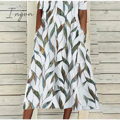 Ingvn - Women's Casual Dress Shift Dress Midi Dress White Blue Half Sleeve Leaf Print Summer Spring V Neck Classic Vacation 2023 S M L XL XXL 3XL