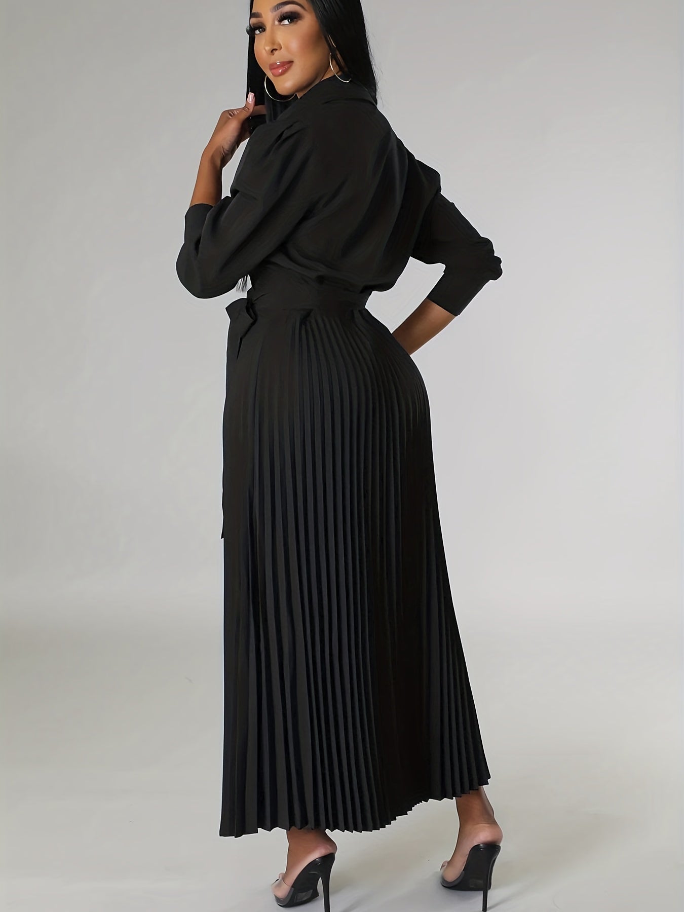 Solid Pleated Dress, Elegant Knotted V Neck 3/4 Sleeve Dress, Women's Clothing