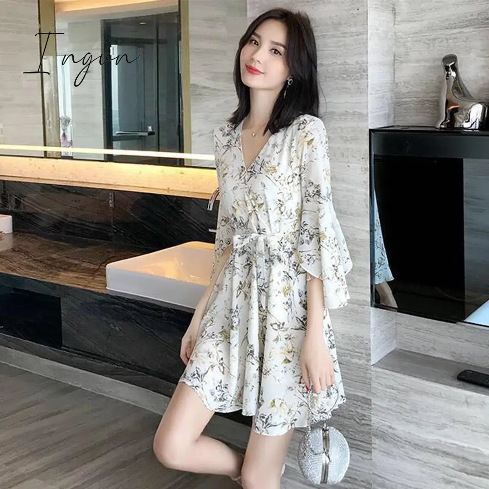 Ingvn - Women Mini Dress Spring New V-neck Floral Chiffon Dress High Waist Flare Sleeve Female Dress Woman's Dress KarolyiDora KA88