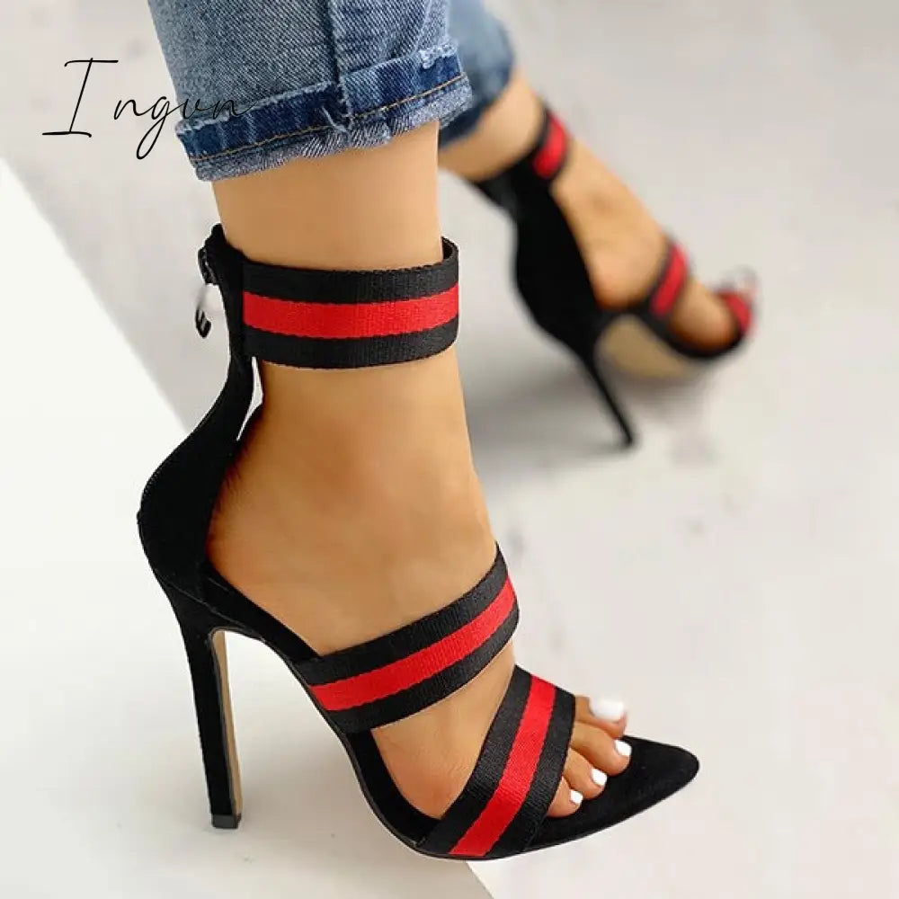 Ingvn - Stripes Open Toe Thin Heels