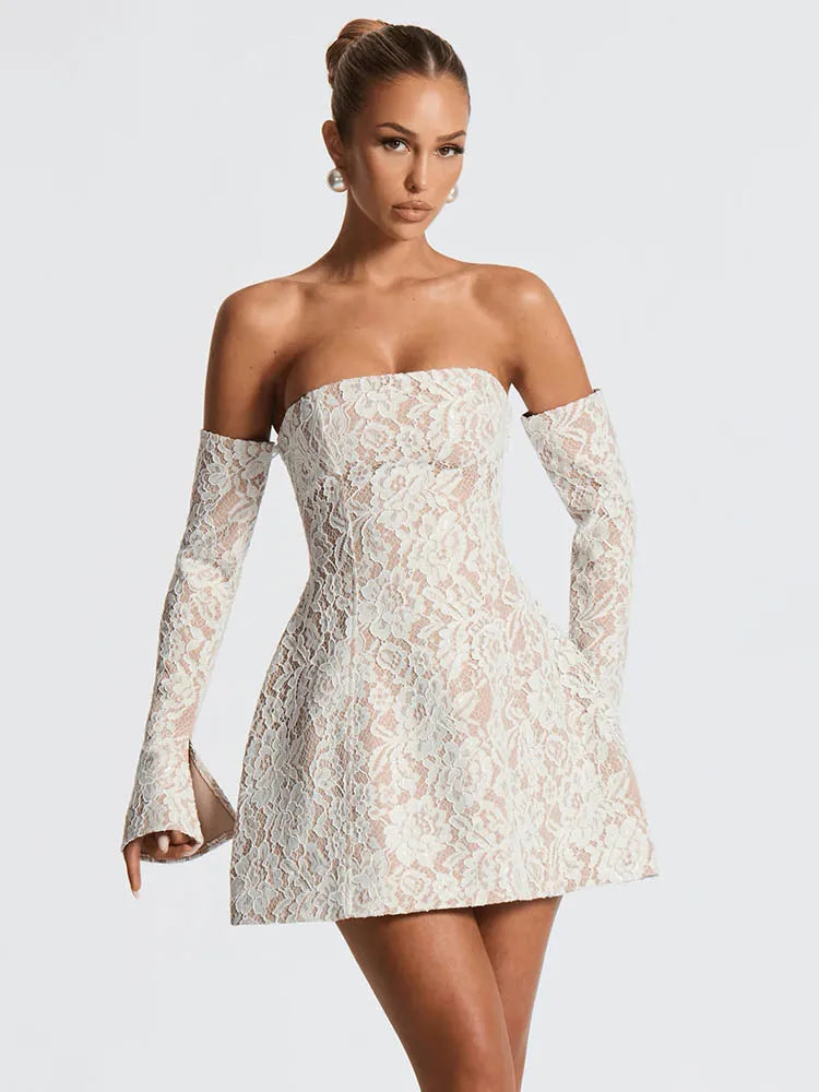 Lace Off-shoulder Backless Sexy Mini Dress Women Elegant Strapless Long Sleeve High Waist A-line Club Party Dress New