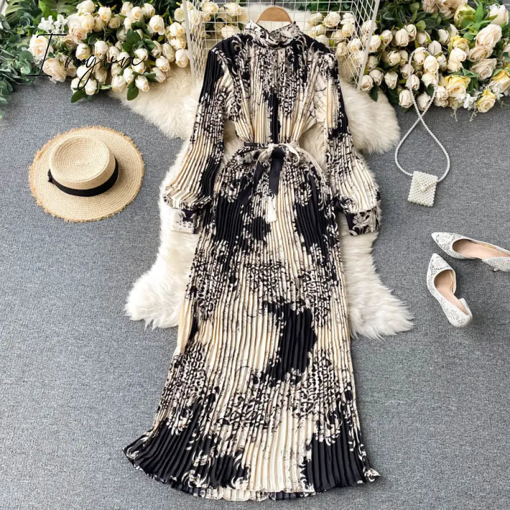 Ingvn - Autumn New Dress Temperament Turtleneck Waist Slim Long Sleeves Lace Up Wild Floral Maxi Vestidos UK016